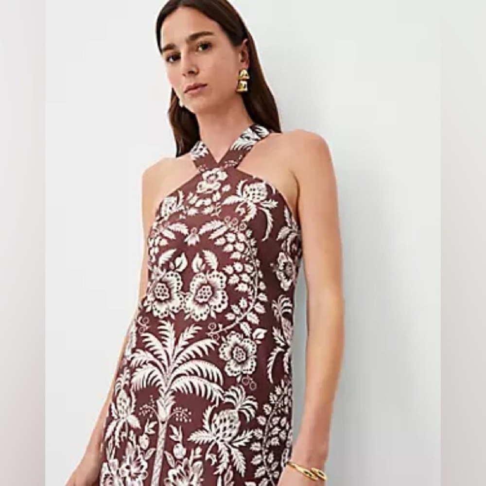 Ann Taylor Floral Halter Dress - Brown and White